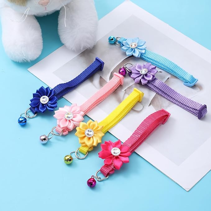 6 PCS Flower Kitten Collar with Bell, Adjustable Cute Cat Collar with Rhinestone for Female, Breakaway Small Kitten Collars, 6 Colors