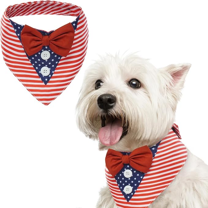 FUAMEY Dog Tuxedo American Flag for Small Dogs,Dog Formal Suit Dogs Attire Pet Bow Tie Puppy Party Costumes Cat Tux Outfits Pets Bandana Cosplay Adjustable Bowties 4th of July Independence Day XS