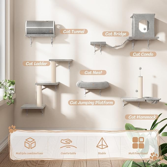 7-in-1 Cat Wall Shelves, Wall Mounted Cat Climber Set, Cat Furniture with House, Tunnel, Bridge, Steps, Scratcher, Hammock, Shelves for Indoor, Gray