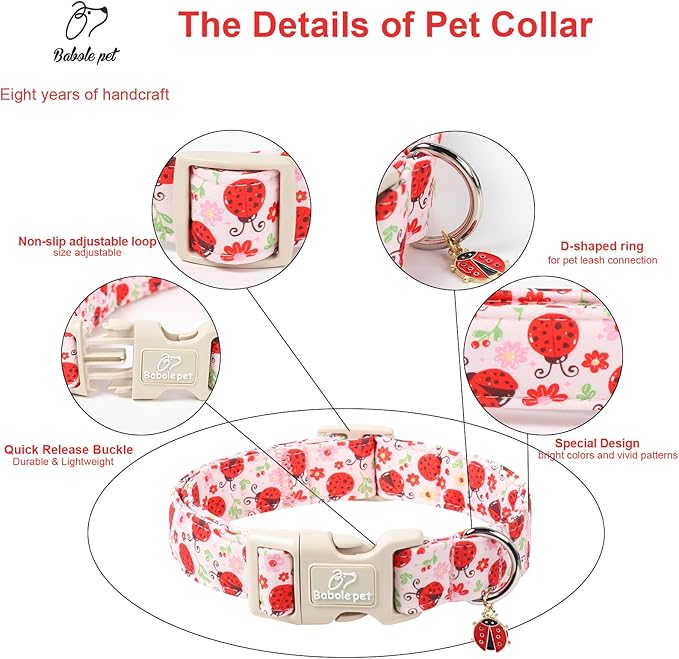 Lucky Ladybug Dog Collar for Giant Large Dogs - Sweet Pink Girl Dog Collars, Lightweight Adjustable Spring Garden Mom Dogs Collars with Quick Release Buckle XL