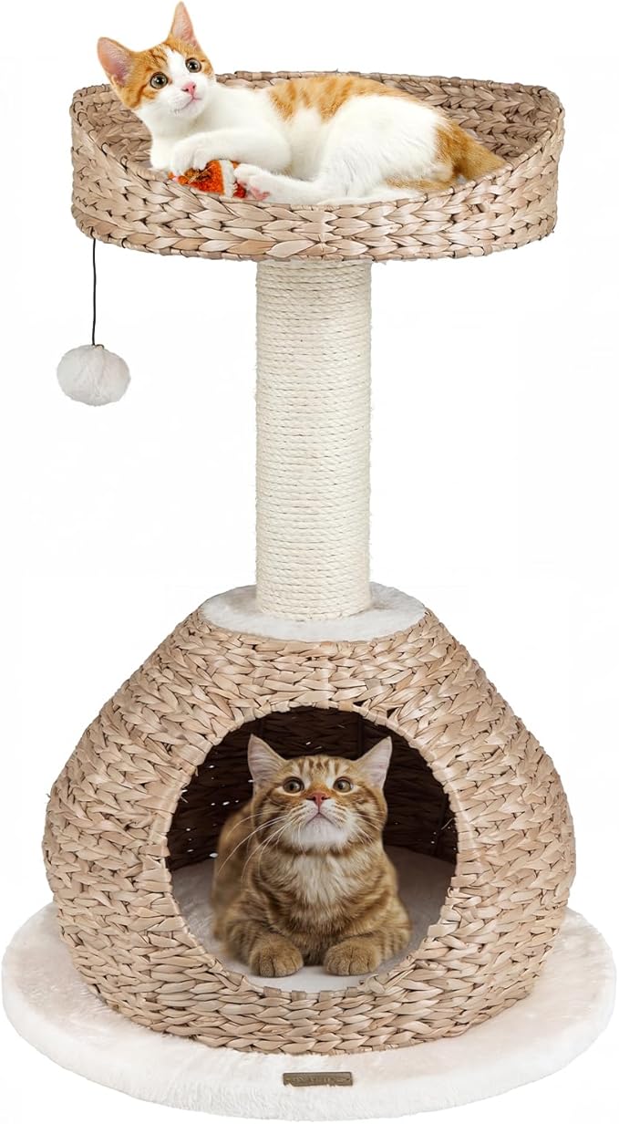 PETSITE 28-inch Modern Cat Tree, Small Cute Cat Tower Sisal Scratching Post, Hand-Made Wicker Condo and Top Perch, Interative Dangling Ball, Ideal for Indoor Cats