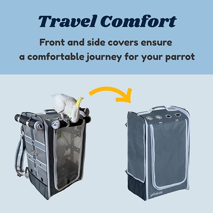 Birds Day Cockatoo Carrier Backpack-Parrot Travel Cage with Wooden Perch and Food Bowl, Stainless Steel Tray (Charcoal Gray, Cockatoo & Similar)