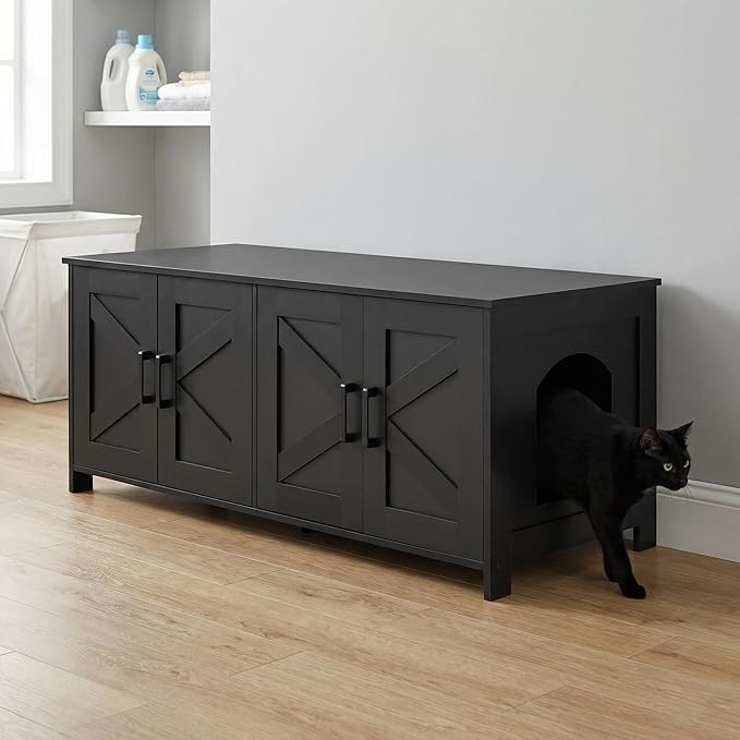 Homhedy Cat Litter Box Enclosure for 2 Cats, Litter Box Furniture Hidden with Double Room,Wooden Cat Washroom Furniture,Cat House,47.2”L x 19.7”W x 19.7”H,Black