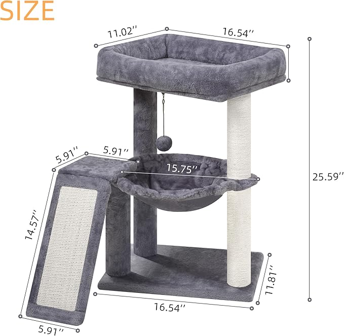 YOUPET Cat Tree with Cat Scratching Post for Indoor Cats, Cat Tower with Scratching Board and Playful Toy Balls, Cat Tree Tower with Cozy Hammock,Grey