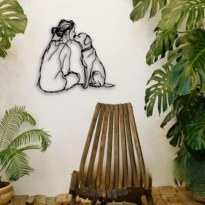 Woman Dog Metal Wall Decor - Pet Lover Room Decor Wall Art Home Decor for Living Room, Bedroom, Dining Room, Bathroom, Office, Pet Shop (Black)