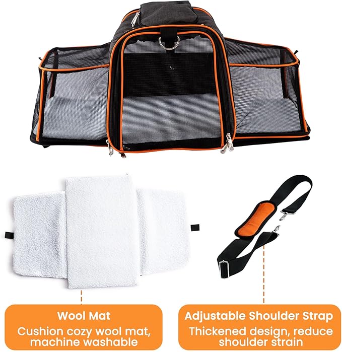 TSA Airline Approved Expandable Pet Carrier, 17"x11"x11" 5-Side Entry Soft-Sided Collapsible Cat Dog Carrier (up to 15 lbs), with Alloy Frame & Removable Wool Mat for Travel