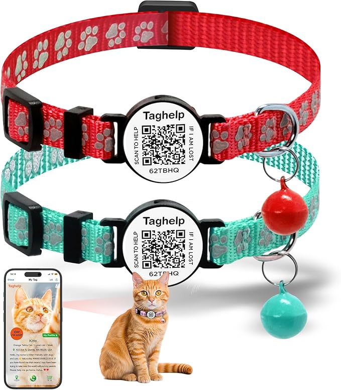 Smart QR Code Cat Collar 2-Pack - Digital Pet ID Tag with Breakaway Safety Design, Reflective Strips & Adjustable Fit for Lost Cat Recovery (Red & Green)