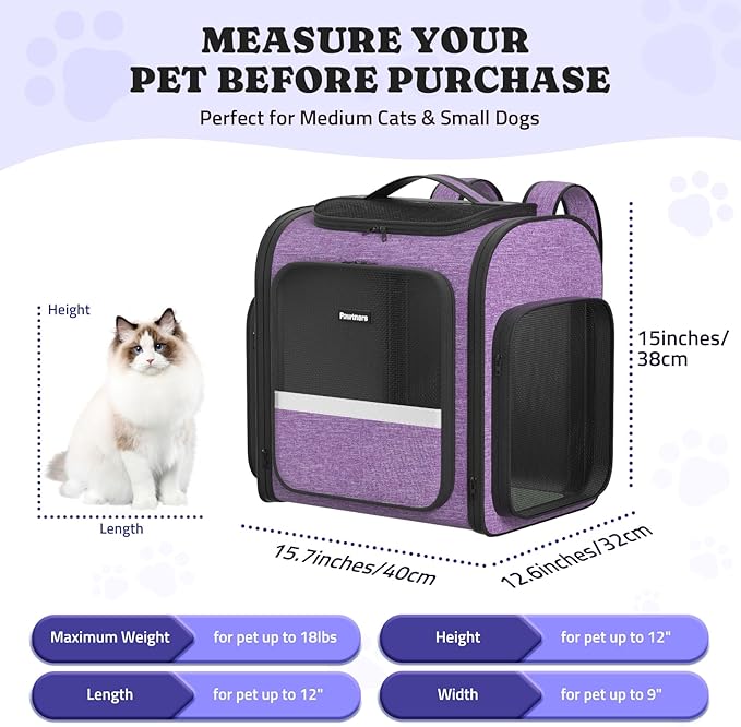 Pawtners Dog Carrier Backpacks Large Cat Backpack with Anti-Scratch Mesh, Foldable Designed Pet Backpack Carrier for Kitten Small Dogs & Large Cats Up to 18 Lbs, Dog Carrier for Travel Outdoor