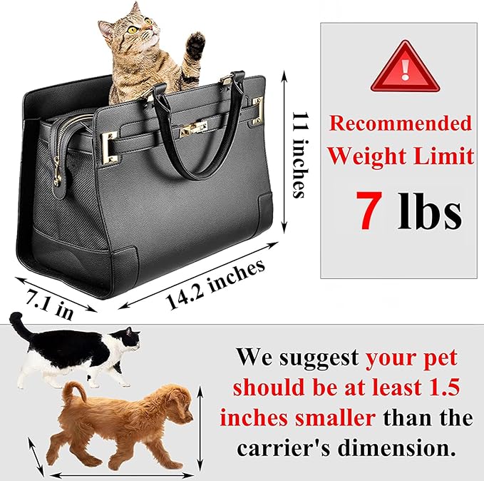 Fashion Dog Purse Carrier for Small Dogs with Shoulder Strap, Hold Up to 7lbs Quality PU Leather Pet Carrier, Cat Carrier, Airline Approved Puppy Purse Carrier for Travel (Black, Small Size)