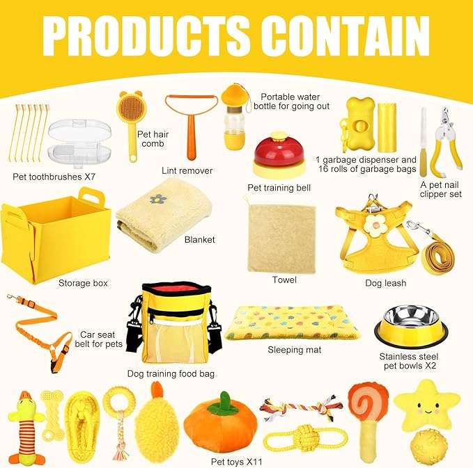 Abbylike 50 Pcs Puppy Supplies Starter Kit for Small Dogs Puppy Essentials Includes Leash, Bowls, Teeth Brushes, Water Bottle, and More Accessories for Dogs Pet Day Welcome Gift(Yellow)