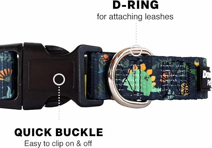 Downtown Pet Supply - Best & Fancy Adjustable Dog Collar with Quick Buckle & D-Ring - Hand Wash Safe - Dino - M - Medium
