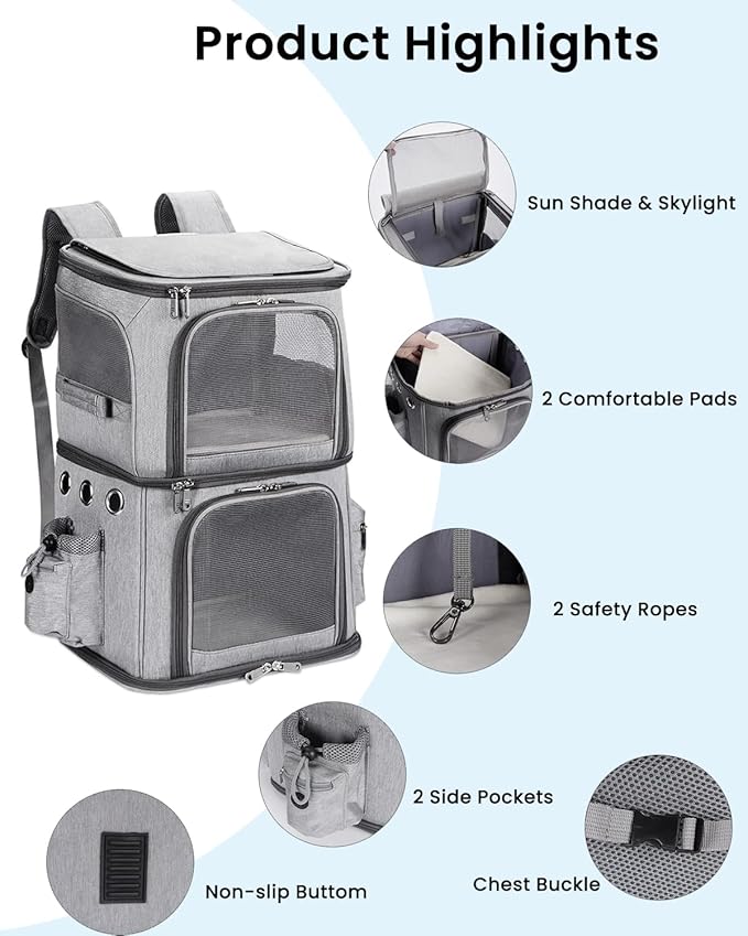 Double-Compartment Pet Carrier Backpack for Small Cats and Dogs, Cat Travel Carrier for 2 Cats, Perfect for Traveling/Hiking/Camping, Grey, XL