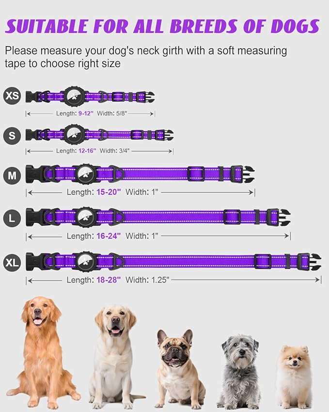 Joytale Airtag Dog Collar, Reflective Pet Collar with Waterproof AirTag Holder, Dual D-Rings, Soft Padded Adjustable for Medium Dogs, Purple, M