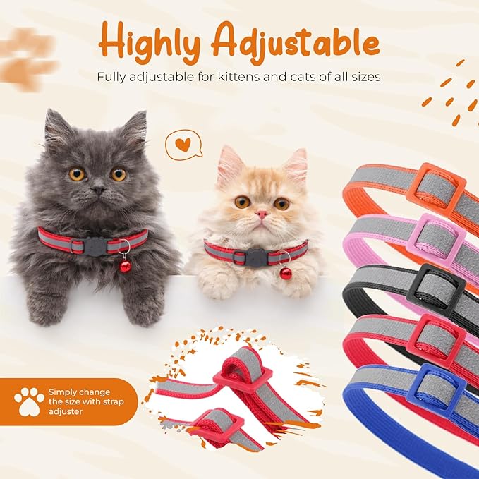 12-Pack Reflective Cat Collar Breakaway with Safety Elastic Band – Cat Collar with Bell - Adjustable Length & Lightweight for Girl Boy Cats and Kittens