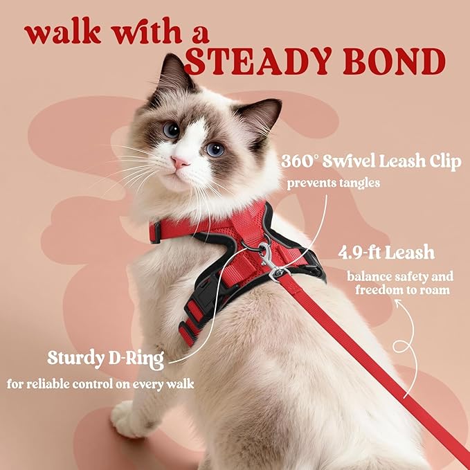 rabbitgoo Cat Harness and Leash for Walking, Escape Proof Soft Adjustable Vest Harnesses for Cats, Easy Control Breathable Reflective Strips Jacket, Red, XS