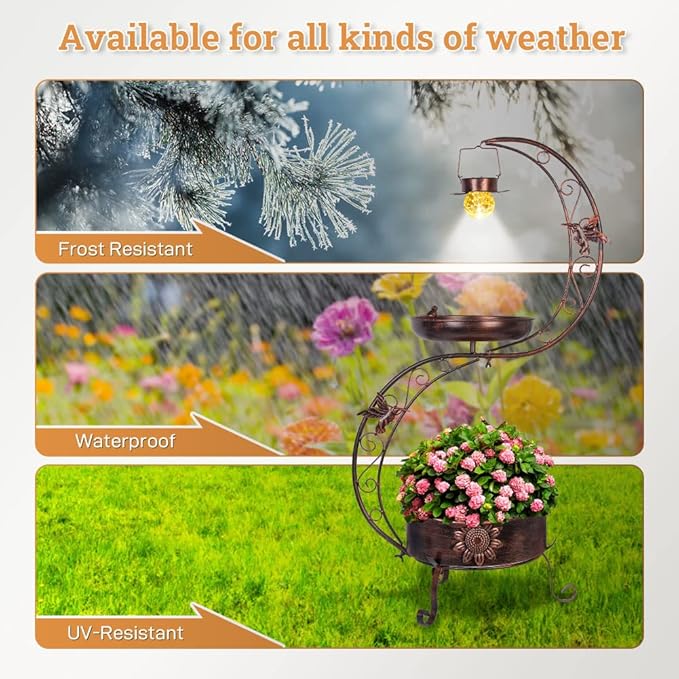 VEWOGARDEN S Bird Baths for Outdoors Metal Standing Bird Bath with Solar Lamp Vintage Garden Birdbaths with Flower Planter Pedestal(36" H * 19.6" W)