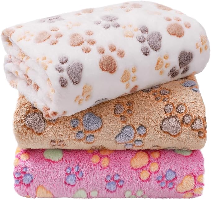 LINENLUX 1 Pack 3 Blankets Super Soft Fluffy Premium Fleece Dog Blankets for Puppy Cat Pet Blanket Flannel Throw Warm Sleep Dog Paw 23x16 inches