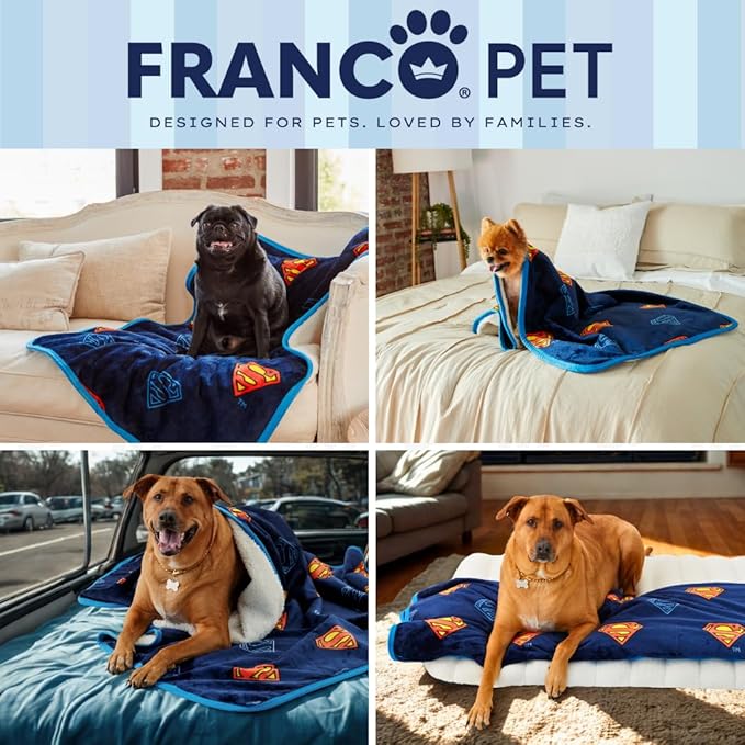 Franco Pet Superman DC Comics Super Soft Cozy Waterproof Sherpa-Backed Blanket Throw for Small Dogs, Couch/Bed/Car, 30x40 (Officially Licensed Product)