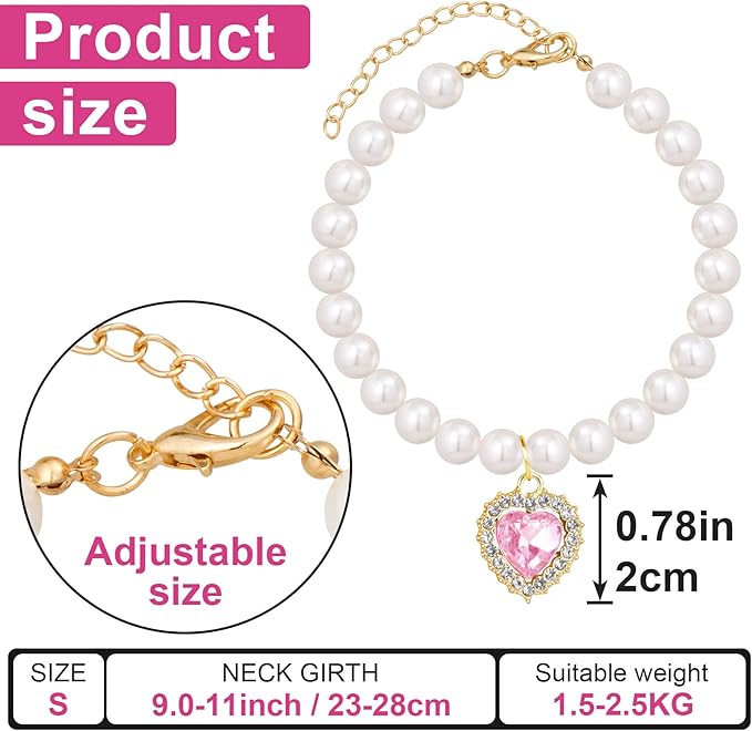 2pcs Pearl Collar for Cat Puppy, Small Cute Heart Shape Rhinestone Pet Necklace, Adjustable Wedding Party Pet Jewelry Accessories for Puppy Kitten- Green & Pink
