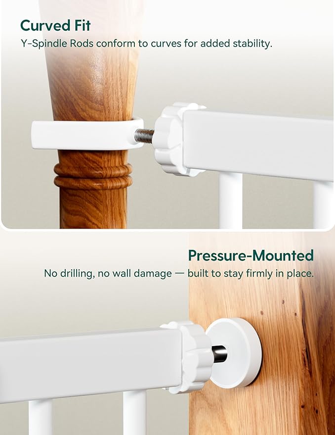 BABELIO 36" Tall Dog Gate PressGuard C5, 26-40" Wide Auto Close Baby Gate, Pressure Mounted Metal Pet Gate, Easy Install No Drilling, No Tools Needed, with Wall Protectors and Extension Kits, White