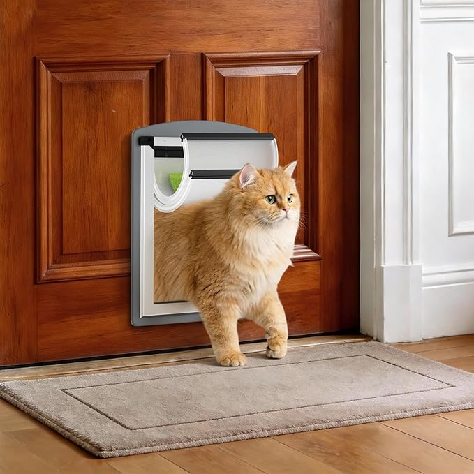 MAVRICFLEX Cat Door for Door, All-Stainless Steel Frame Cat Door with Double Soft Flaps and 2 Sliding ABS Panels for Doors, Easy to Install, Perfect for Cats and Small Dogs Under 15 LBS, Gray