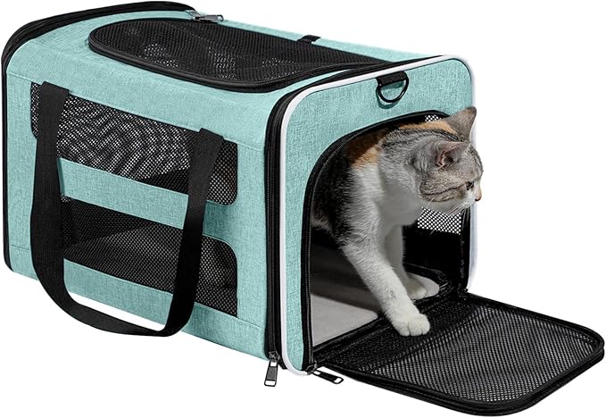 Cat Carrier Soft-Sided Travel Bag for Medium to Large Cats Over 15lbs, Small Dog Carrier Crate Top Entry Breathable Mesh Puppy 12 Pounds, Pet Rabbit Carrying Cage Kennel Collapsible Teal