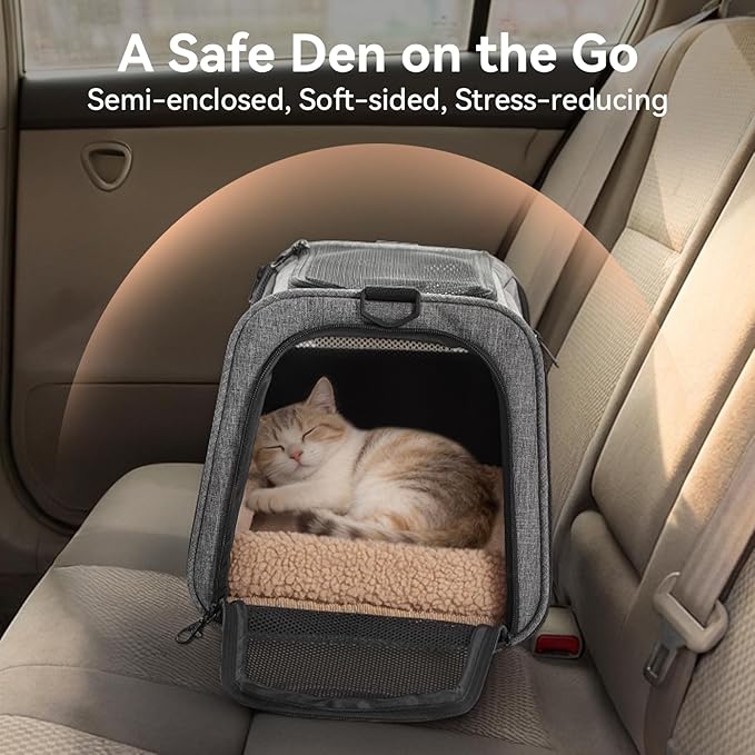PETSFIT Soft-Sided Cat Carrier with Patented Safety Buckles, Lockable Zippers & Safety Tether,Escape-Resistant Travel Pet Carrier for Car Rides & Vet Visits, Airline Approved Under-Seat, Up to 12 lbs