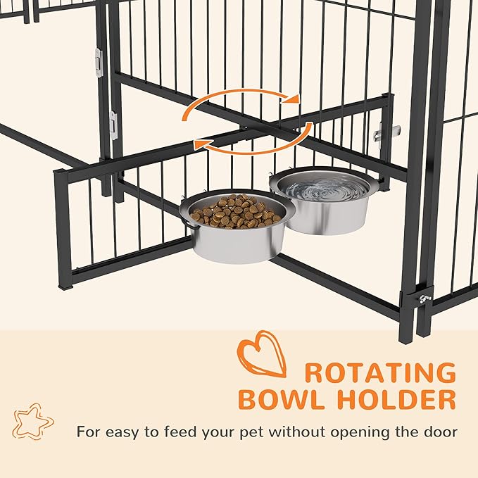PawHut Outside Dog Kennel, 7' x 7' x 5' Puppy Play Pen with Canopy, Garden Playpen Fence Crate Enclosure Cage Rotating Bowl, for Dogs, Chickens, Ducks, Black