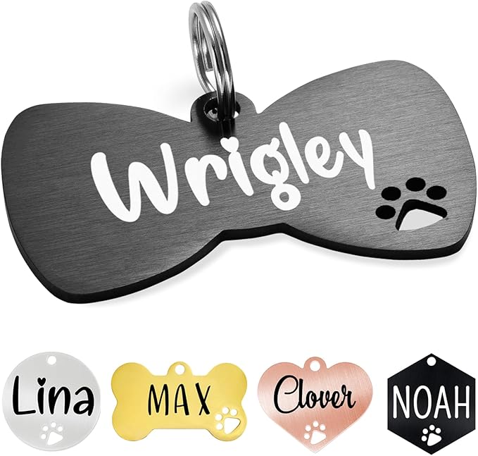 Ultra Joys Dog Tags Personalized for Pets - Hollow Paw Custom Pet ID Tag - Engraved Dog Tag for Small, Large Dogs - Large Bow Tie in Black