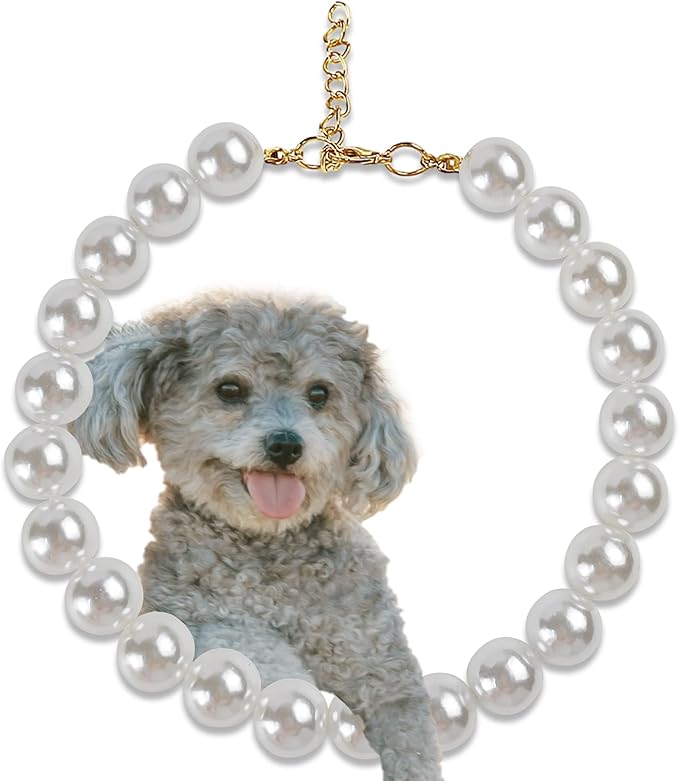 Chunky Pearl Dog Collar(0.55 Inch) for Small Dogs Cats, Adjustable Beaded Dog Collar Imitation White Pearls, Elegant Dog Jewelry Girl Accessories for XS Extra Small Dogs Necklace