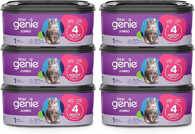Litter Genie Refill Bags | Jumbo 6-Pack 168 total ft | Up to 24 months of supply in 6 cartridges | Ultimate Odor Control Cat Litter Bags