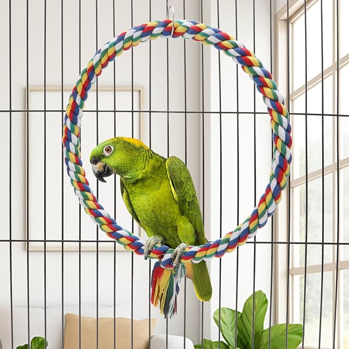 Bird Rope Swing Colorful Perch Climbing Toy for Parrots Budgie Parakeet Cockatiel Cockatoo Conure (M (10.4 inch)