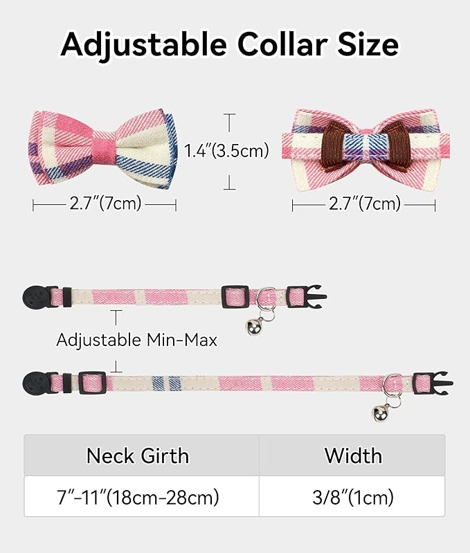 Joytale Upgraded Cat Collar with Bells, Breakaway Cat Collars with Bow Tie, 2 Pack Girl Boy Safety Plaid Kitten Collars, Haze Blue+Pink