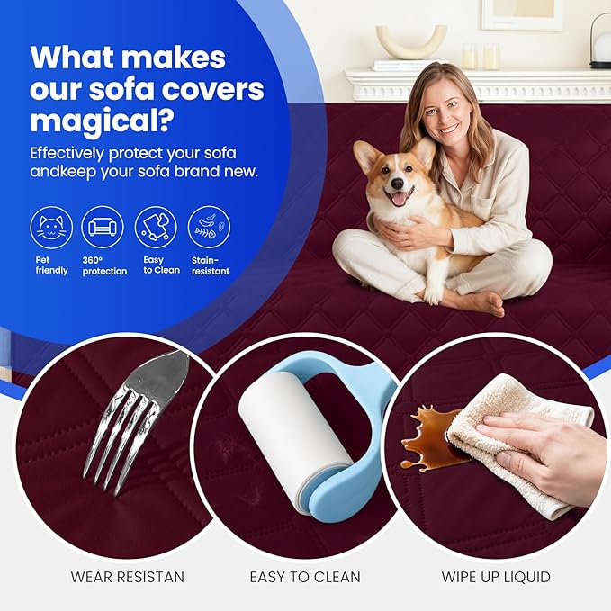 Waterproof Couch Covers for Pets, Waterproof Dog Bed Cover, Anti-Slip Soft Dog Blankets, Couch Cover for Dogs Washable, Pet Blanket for Puppy Large Dogs Cat Christmas (82x102 Inch, Burgundy)