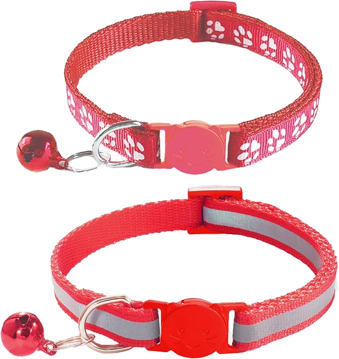 2 Pack Breakaway Cat Collars with Bells, Reflective Design and Claw Print Design, Safety Buckle, Adjustable 7.5-12.5 Inches for Kittens & Cats (Red)
