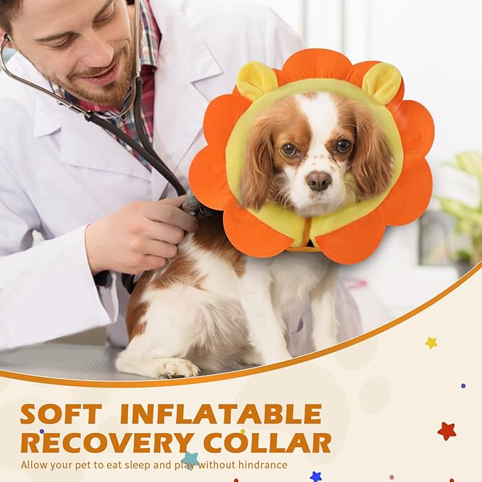 IEUUMLER Inflatable Recovery Dog Collar, Protective Donut Cone, Adjustable Soft Collar for Dog and Cat After Surgery Prevent from Biting & Scratching EU002 - Orange Lion M
