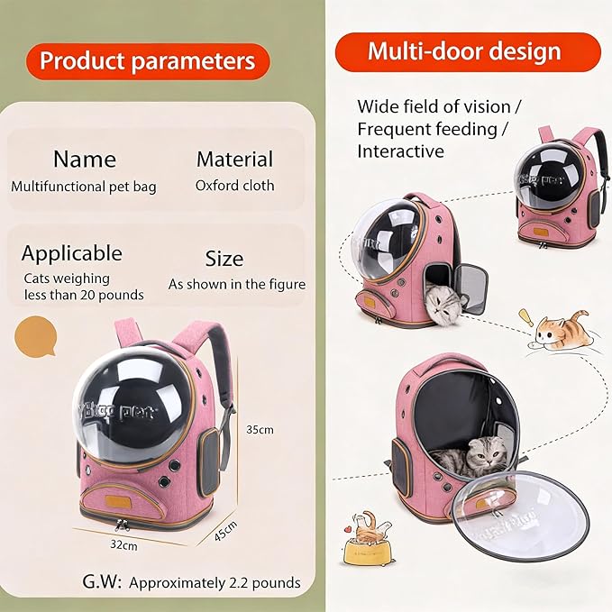 Cat Backpack Carrier, Breathable Cat Carrier Large Space Bubble Pet Backpack for Small Dog and Large cat up to 18lbs, Transparent & Foldable Pet Carrier for Travel Hiking (Pink)