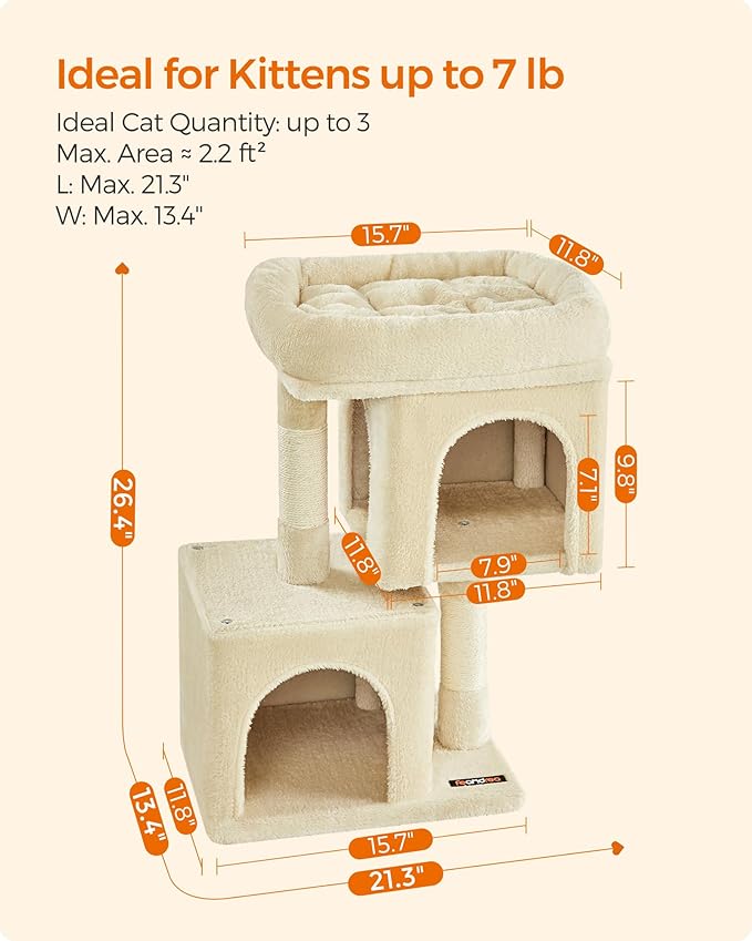 Feandrea Cat Tree, 26.4-Inch Cat Tower, Plush Condo for Kittens up to 7 lb, Large Perch, 2 Caves, Scratching Post, Beige UPCT611M01