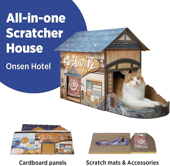 SMILE PAWS Cat Beds for Indoor Cats, Cardboard Cat House with Scratchers, Onsen Hotel, Large Sturdy Cat Furniture Condo Cave Tent, Easy to Assemble Pet Toys Accessories Stuffs, Bunny Small Animals