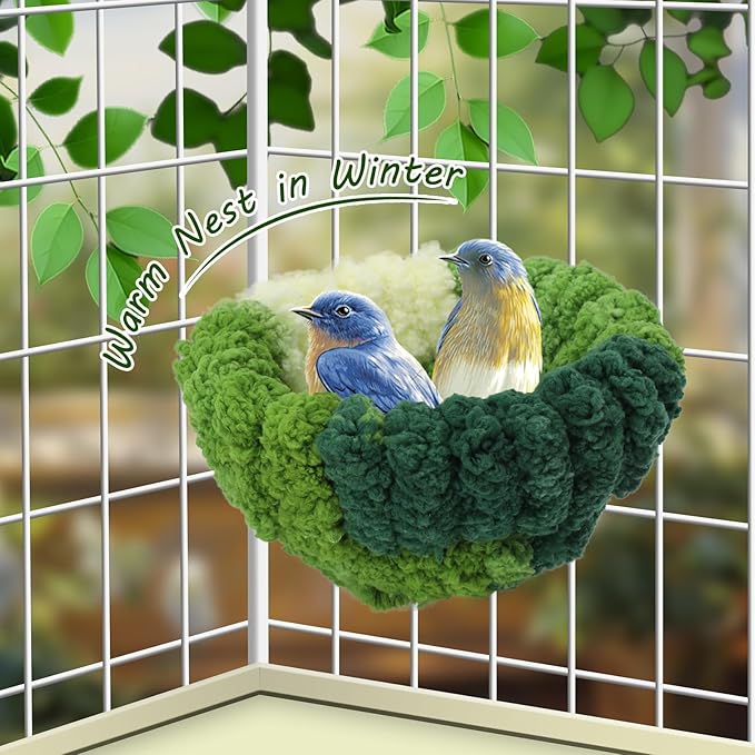 Bird Nest for Cage,Plush Hanging Bird Bed for Parakeet,Breeding Bird House for Conure,Budgie,Cockatiel,Lovebird,Canary,Finch,Hamster,Small Pets,Warm Nest (Green, S)