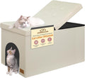 3-in-1 Cat Litter Box Enclosure for Odor Control, Hidden Litter Box Furniture Cabinet Ottoman with Flip-Up Lid, Multi-Functional Bench with Storage Footrest, Dog Proof (Cream, Large)
