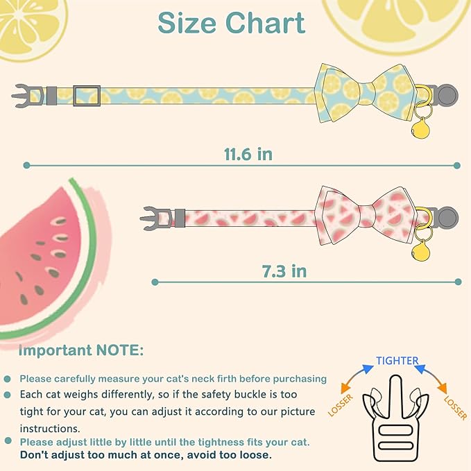 Faygarsle 2 Pack Cute Cat Collar with Bell Breakaway Bowtie for Male Female Cats Soft Fancy Pink Yellow Watermelon Lemon Pattern Spring Summer Cat Collar for Boy Girl Cats