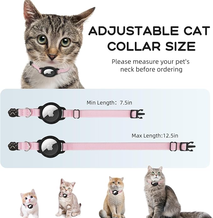 AirTag Cat Collars, Stretchy Collar with Apple AirTag Holder and Bell, Breakaway Ultra Design Elastic GPS Tracking Collars for Cats and Puppies, (7.5-12.5 Inch), Pink