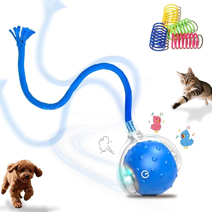 Interactive Cat Toys Ball for indoor Cats＆Dog,Automatic Cat Toy with Smart Obstacle Avoidance,Bird Chirps & Auto Wake-Up,Includes 4 Cat Spiral Spring,Cat Enrichment Toys for Indoor Cats(Blue)