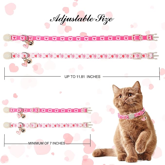 Unique Style Paws Pink Kitten Collars,Cute Valentine Cats Collar with Bell,Kitten Collar Breakaway Buckle with Heart Pattern,Adjustable Valentine Cat Collars,Ideal Gift for Boy Girl Cats