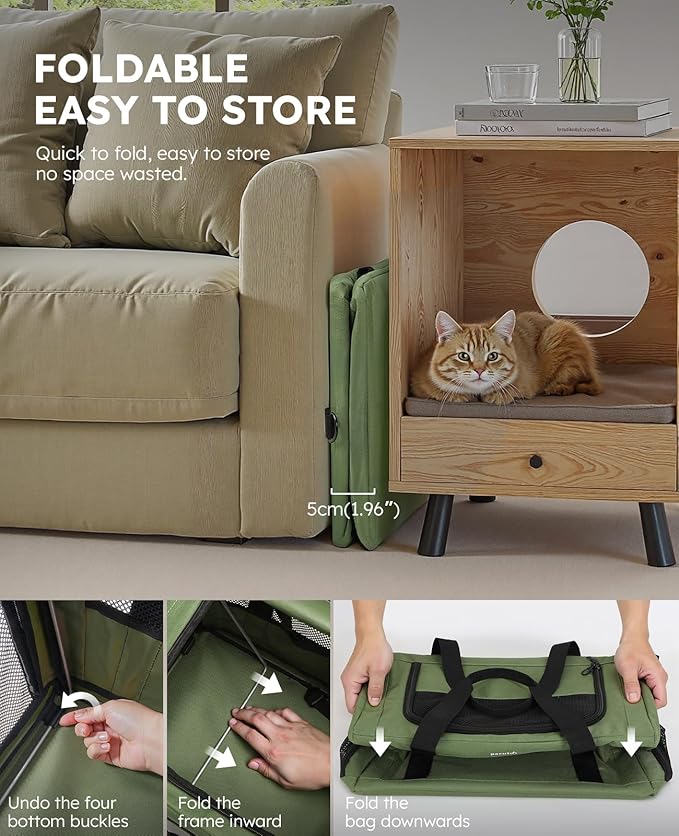 Pecute Cat Carrier Stable, Pet Carrier with Hidden Anxiety Relief Partition & Stable Steel Frame, Safe Cat Carrier for Car Travel, Soft-Sided Dog/Cat Carrier Bag for Pets Up to 11lbs, Green