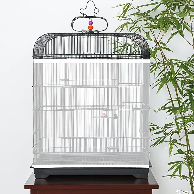 Universal Bird Cage Cover Skirt - Adjustable Soft Airy Nylon Mesh Net, Seed Catcher, Guard for Parrot, Parakeet, Macaw - Round & Square Cages (White)