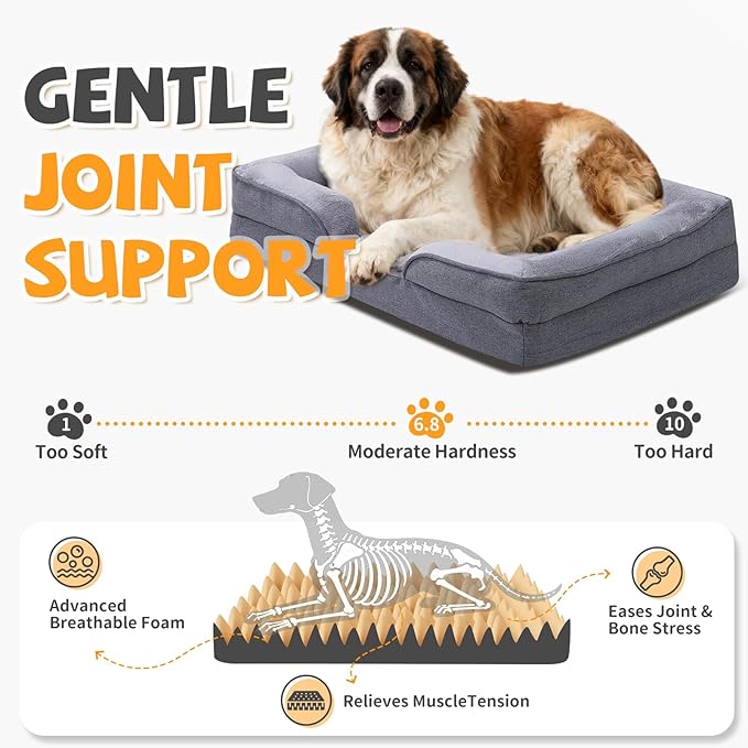 Makigued Orthopedic Dog Bed for Large Dogs Egg Crate Foam Pet Sofa with Waterproof Liner, Removable Washable Cover, Nonslip Bottom, Cozy Couch for Large Dogs 41.7 x 31.5X 6.7Inch, Grey