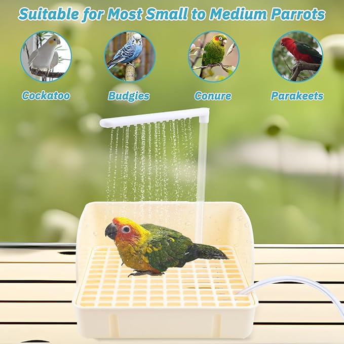 Automatic Bird Bath with Pump, Parrot Bathtub with Anti-Bite Cord Protector, USB Electric Large Bird Bathtub Circulating Water Bird Shower for Parakeet Cockatiel African Grey Lovebird(Beige)