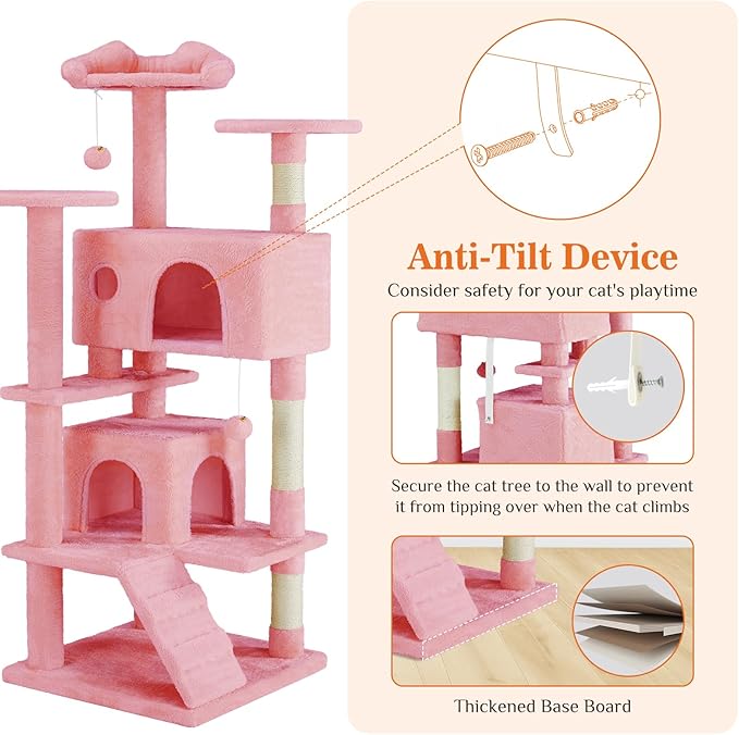Sweetcrispy 54-Inch Cat Tree Tower – Multi-Level with Sisal Scratching Post, Perfect Pet Gift, Indoor Condo with Climbing Ladder, Plush Toy, and More Animal Stuff, Pink